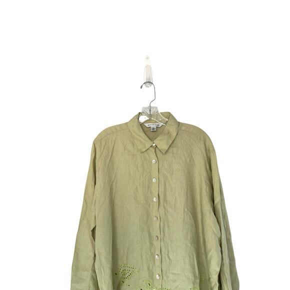 August Max Woman Green Relaxed Collared Lagenlook Long Sleeve Linen Blouse XL - Picture 3 of 13